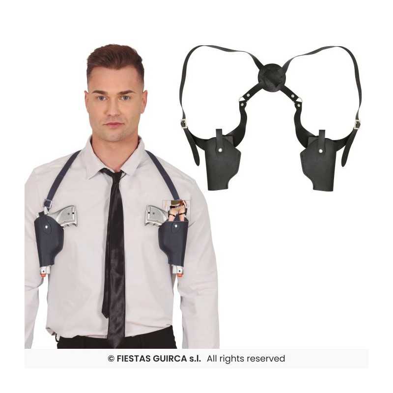 DOUBLE HOLSTER DE BRAS NOIR + 2 PISTOLET ARGENT POLICE 