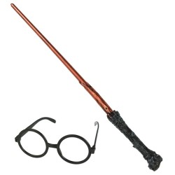 KIT APPRENTI MAGICIEN BAGUETTE + LUNETTES RONDES NOIRES