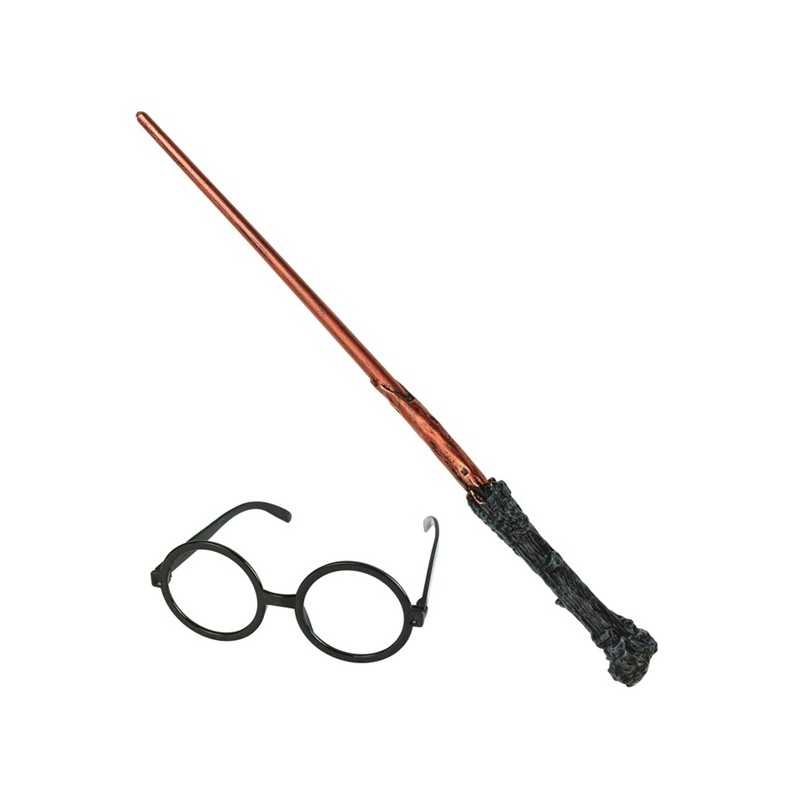 KIT APPRENTI MAGICIEN BAGUETTE + LUNETTES RONDES NOIRES