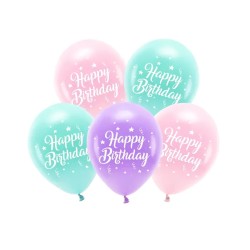 5 BALLONS BIO LATEX HAPPY BIRTHDAY VIOLET ROSE ET VERT D'EAU 26 CM 
