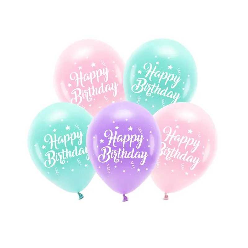 5 BALLONS BIO LATEX HAPPY BIRTHDAY VIOLET ROSE ET VERT D'EAU 26 CM 