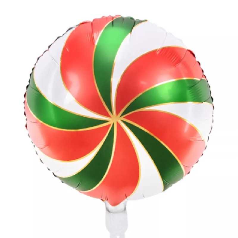BALLON METALLIQUE ROND 35CM BONBON SUCETTE ROUGE VERT BLANC ET OR