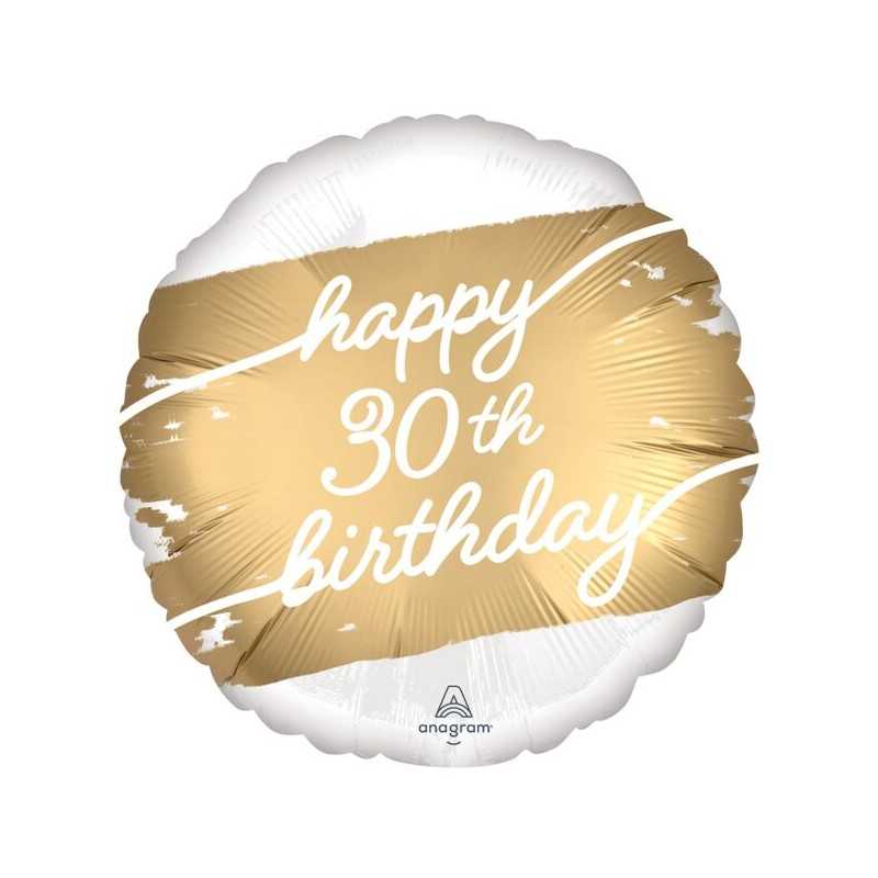 BALLON ROND METALLIQUE BLANC ET DORE HAPPY 30TH BIRTHDAY 43 CM 