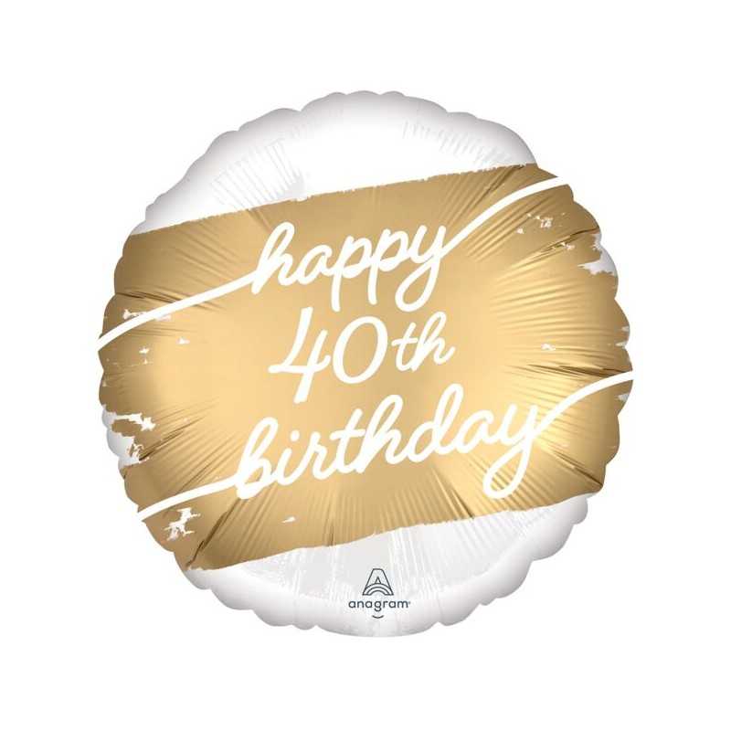 BALLON ROND METALLIQUE BLANC ET DORE HAPPY 40TH BIRTHDAY 43 CM 