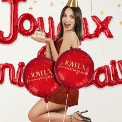 BALLONS METALLIQUE ROND JOYEUX ANNIVERSAIRE PARTY ROUGE 35 CM