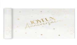 CHEMIN DE TABLE INTISSE BLANC JOYEUX ANNIVERSAIRE OR 4 METRES 