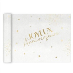 CHEMIN DE TABLE INTISSE BLANC JOYEUX ANNIVERSAIRE OR 4 METRES 