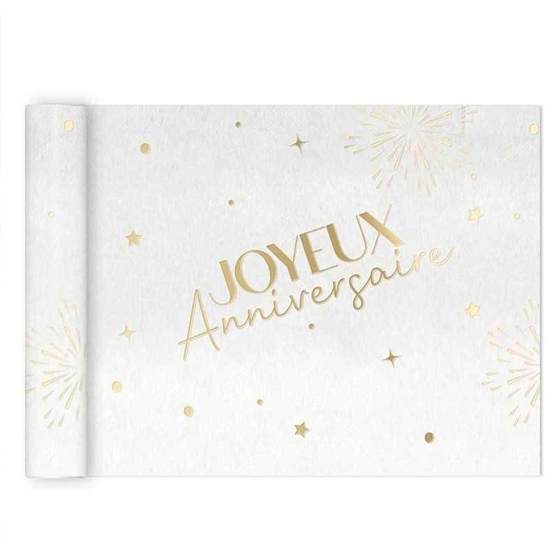 CHEMIN DE TABLE INTISSE BLANC JOYEUX ANNIVERSAIRE OR 4 METRES 