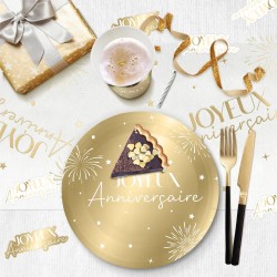 CHEMIN DE TABLE INTISSE BLANC JOYEUX ANNIVERSAIRE OR 4 METRES 