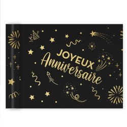 CHEMIN DE TABLE INTISSE NOIR JOYEUX ANNIVERSAIRE OR 4 METRES 