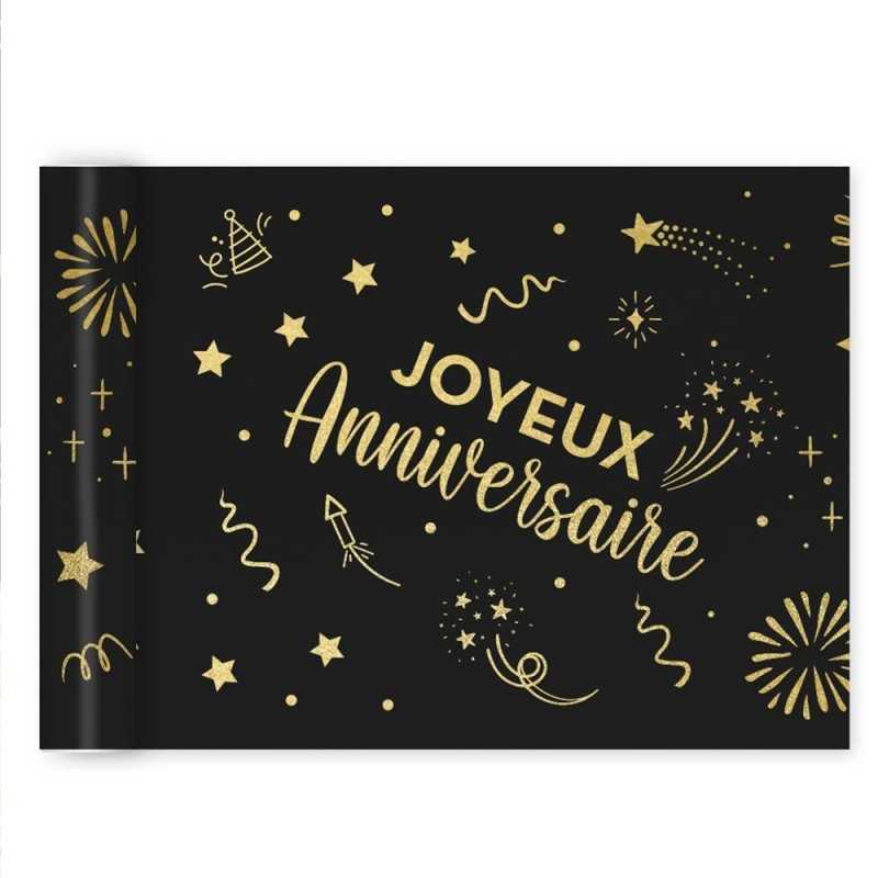 CHEMIN DE TABLE INTISSE NOIR JOYEUX ANNIVERSAIRE OR 4 METRES 