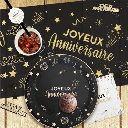 CHEMIN DE TABLE INTISSE NOIR JOYEUX ANNIVERSAIRE OR 4 METRES 