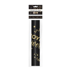 CHEMIN DE TABLE INTISSE NOIR JOYEUX ANNIVERSAIRE OR 4 METRES 