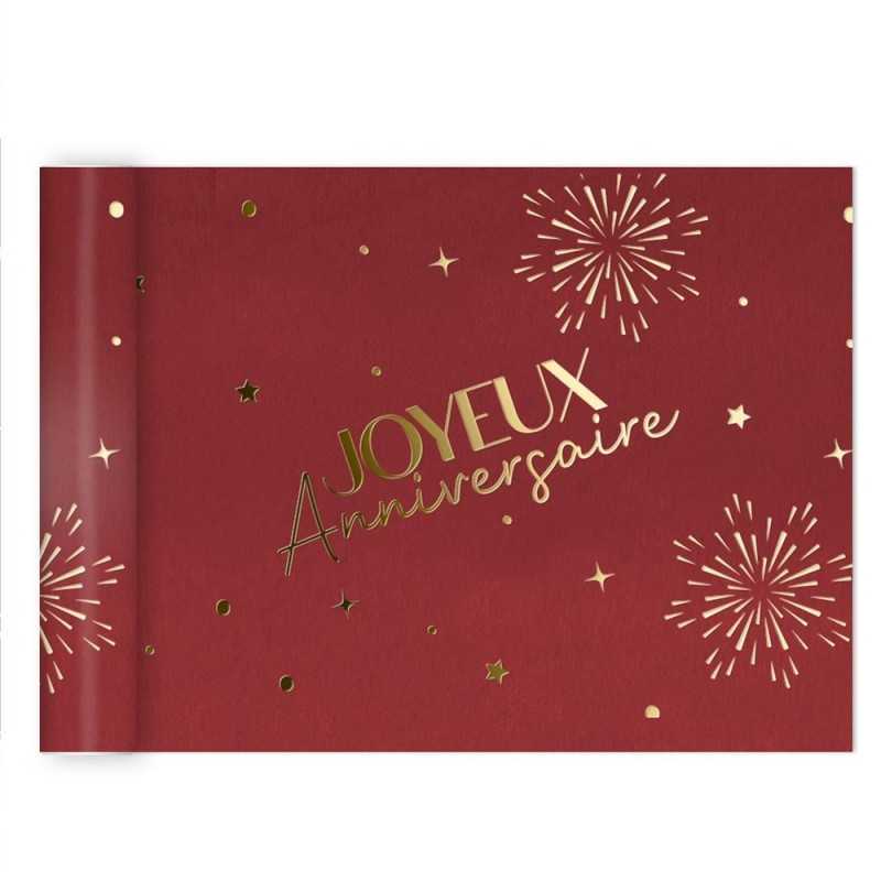 CHEMIN DE TABLE INTISSE ROUGE JOYEUX ANNIVERSAIRE OR 4 METRES 