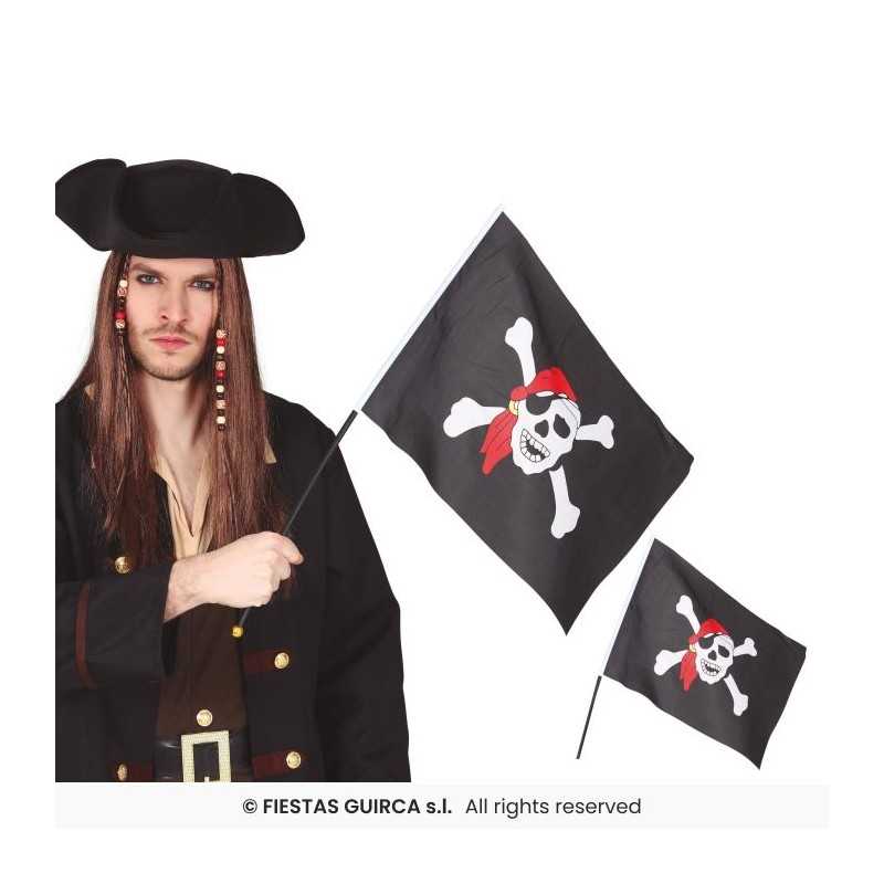 DRAPEAU PIRATE TETE DE MORT 45 CM X 30 CM SUR BATON OU HAMPE