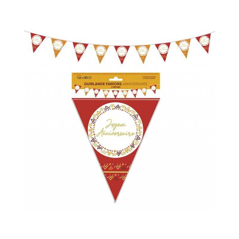 GUIRLANDE FANIONS JOYEUX ANNIVERSAIRE ROUGE ET ORANGE DECOR BOHEME 6 METRES 