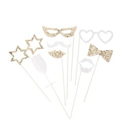 KIT PHOTOBOOTH PAILLETTES OR ET BLANCHES 8 PIECES 