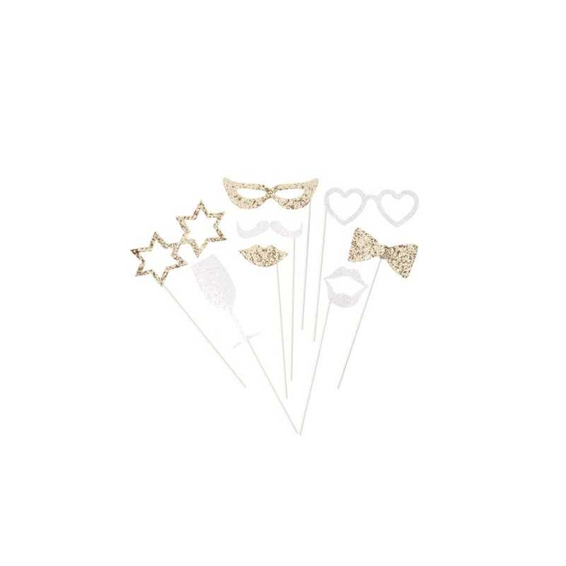 KIT PHOTOBOOTH PAILLETTES OR ET BLANCHES 8 PIECES 