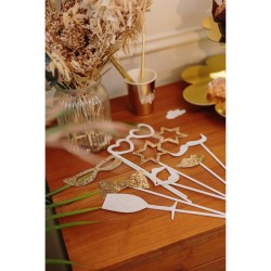 KIT PHOTOBOOTH PAILLETTES OR ET BLANCHES 8 PIECES 