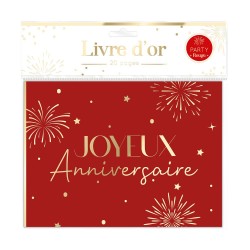 LIVRE D'OR 20 PAGES ROUGE ET OR JOYEUX ANNIVERSAIRE PARTY ROUGE