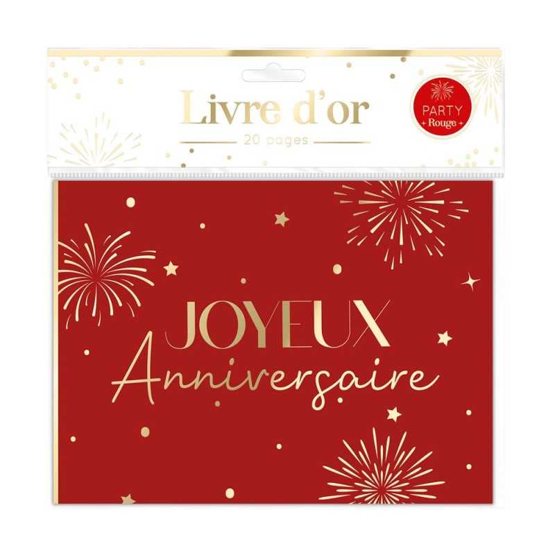 LIVRE D'OR 20 PAGES ROUGE ET OR JOYEUX ANNIVERSAIRE PARTY ROUGE