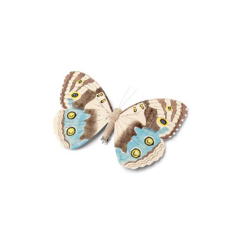 PAPILLON SUR PINCE TAUPE ET BLEU 18 CM 