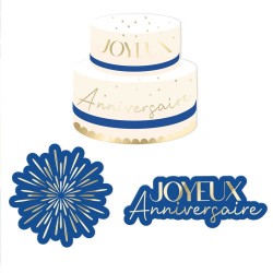 TRIO DE CONFETTIS BLEU ROI ET OR JOYEUX ANNIVERSAIRE 