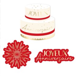 TRIO DE CONFETTIS ROUGE ET OR JOYEUX ANNIVERSAIRE 