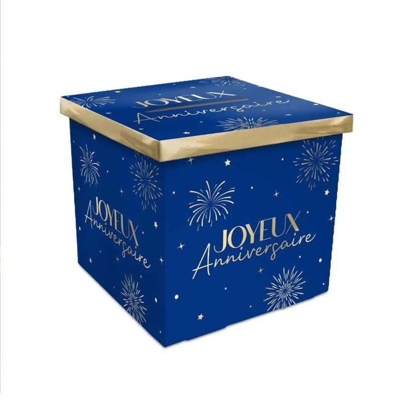 URNE JOYEUX ANNIVERSAIRE BLEU ROI ET OR 20 X 20 X 20 CM 