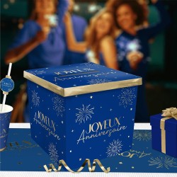 URNE JOYEUX ANNIVERSAIRE BLEU ROI ET OR 20 X 20 X 20 CM 