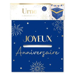 URNE JOYEUX ANNIVERSAIRE BLEU ROI ET OR 20 X 20 X 20 CM 