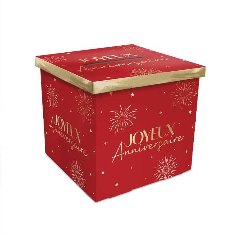 URNE JOYEUX ANNIVERSAIRE ROUGE ET OR 20 X 20 X 20 CM 
