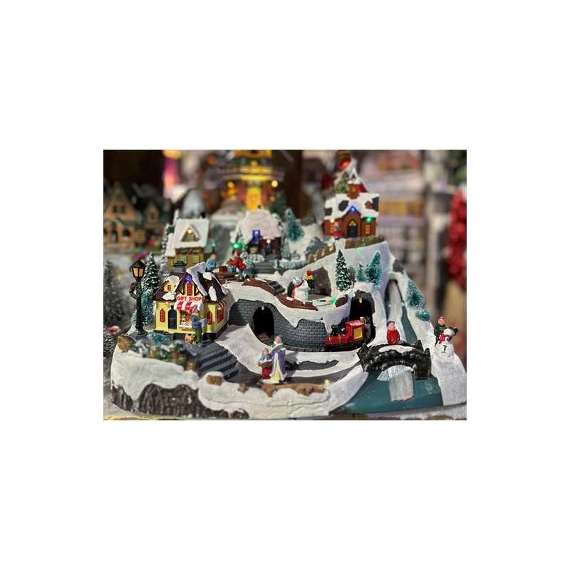 AUTOMATE VILLAGE DE MONTAGNE AVEC TRAIN ANIME ET LUMINEUX ET GIFT SHOP