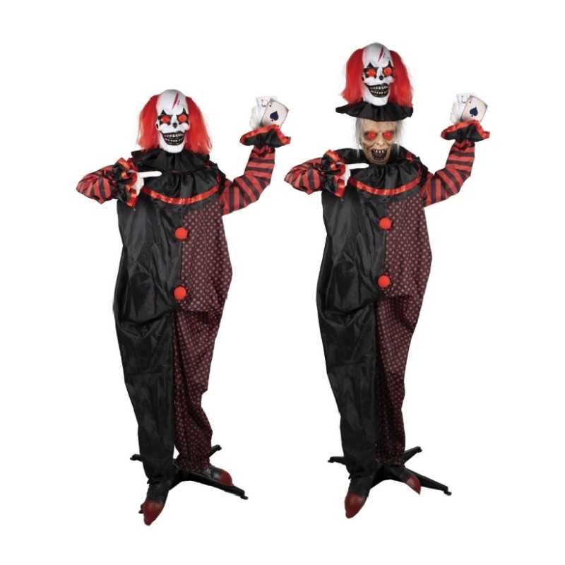 DECORATION HALLOWEEN CLOWN DOUBLE TETE SON LUMIERE ET ANIME 180 CM