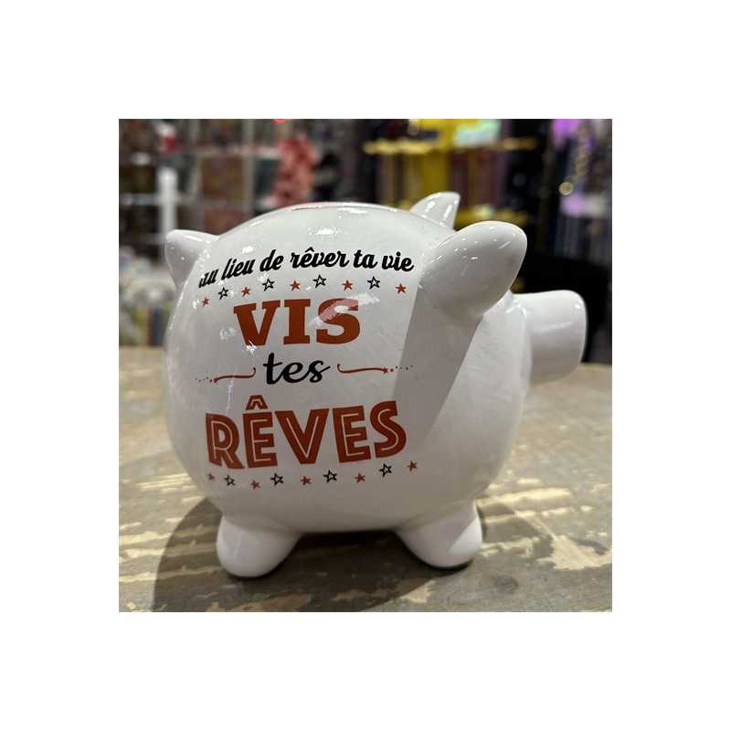 TIRELIRE COCHON BLANC "VIS TES RÊVES"