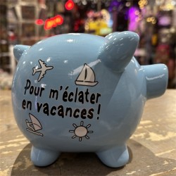 TIRELIRE COCHON BLEU CIEL "POUR M'ECLATER EN VACANCES !"
