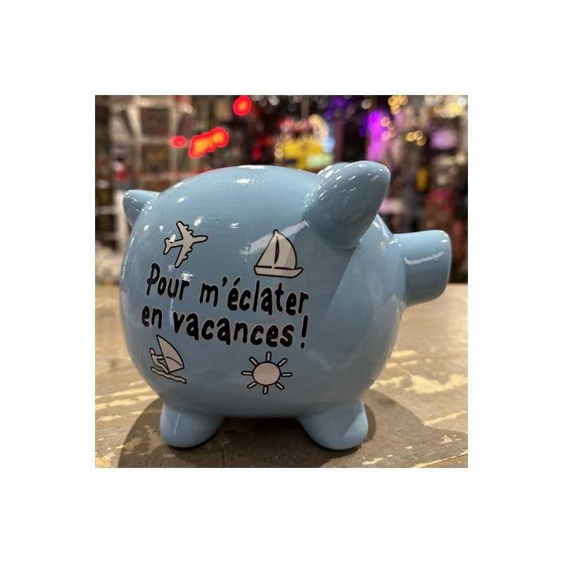 TIRELIRE COCHON BLEU CIEL "POUR M'ECLATER EN VACANCES !"
