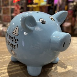 TIRELIRE COCHON BLEU CIEL "POUR M'ECLATER EN VACANCES !"