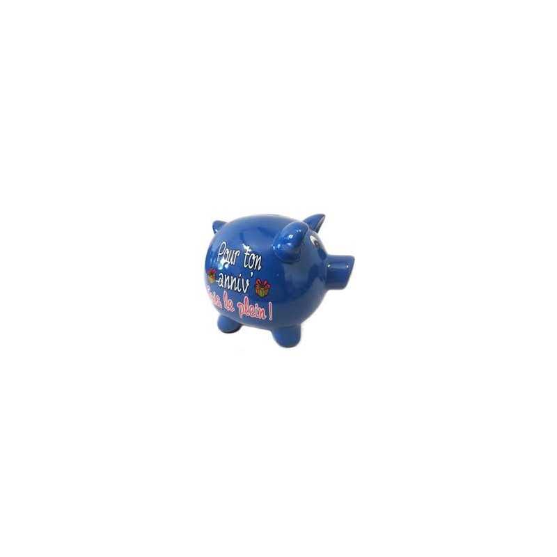 TIRELIRE COCHON BLEU "POUR TON ANNIV FAIS LE PLEIN "