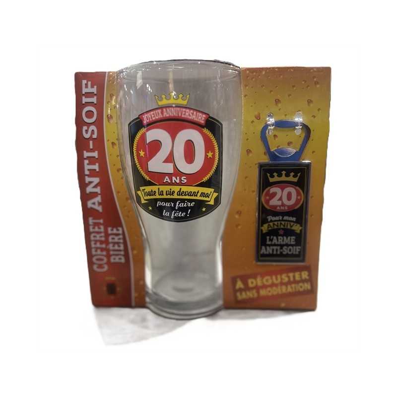 COFFRET ANTI-SOIF VERRE A BIERE + DECAPSULEUR 20 ANS