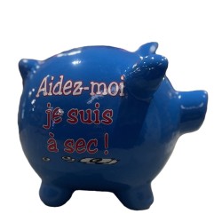 TIRELIRE COCHON BLEU FONCE AIDEZ-MOI JE SUIS A SEC 