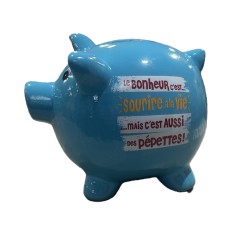 TIRELIRE COCHON BLEU LE BONHEUR C'EST SOURIRE A LA VIE 