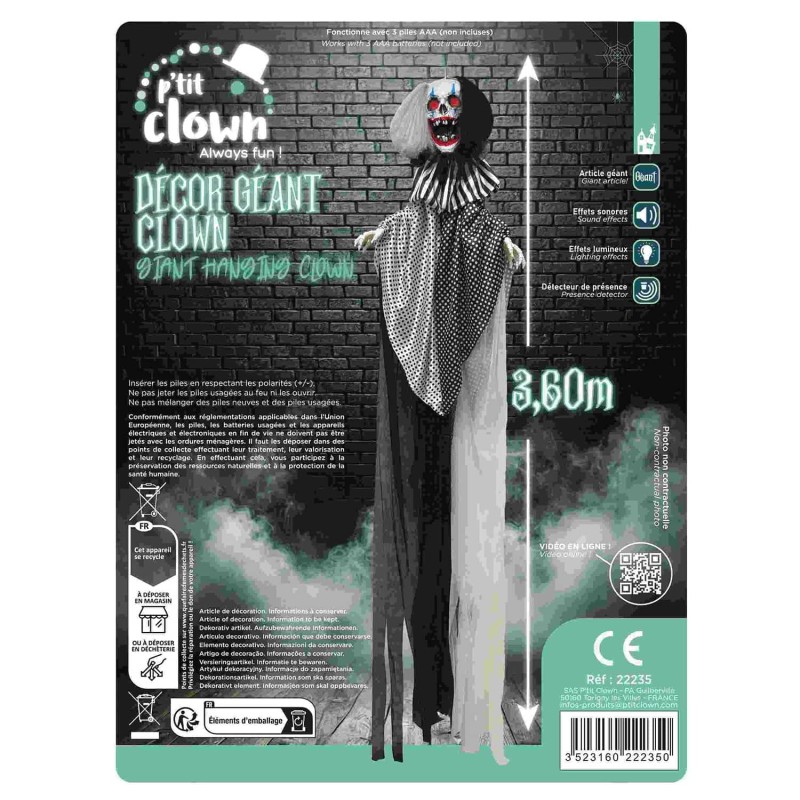DECORATION GEANTE HALLOWEEN CLOWN SONORE ET LUMINENUX 3.6 METRES