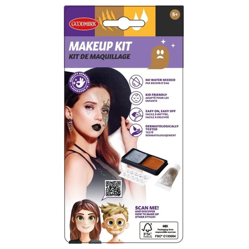 KIT MAQUILLAGE HALLOWEEN AVEC BIJOUX DE VISAGE ET GEL PAILLETE ARGENT