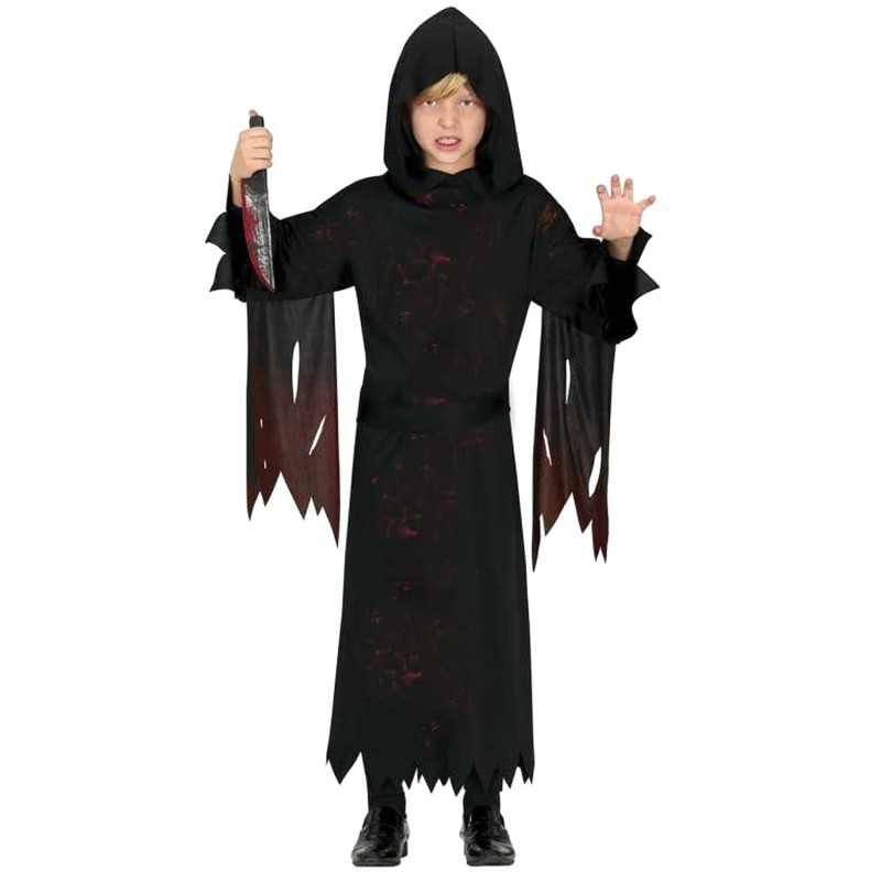 DEGUISEMENT FAUCHEUSE TUNIQUE A CAPUCHE NOIRE EN SANG TAILLE 7-9 ANS
