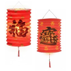 1 LAMPION CHINOIS CYLINDRIQUE 16 CM ROUGE DECOR NOIR ET OR