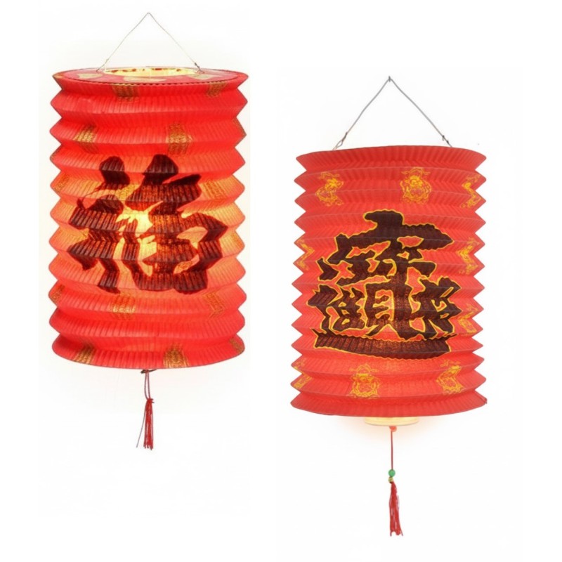 1 LAMPION CHINOIS CYLINDRIQUE 16 CM ROUGE DECOR NOIR ET OR
