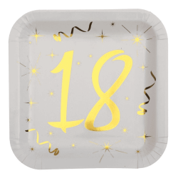 10 ASSIETTES EN CARTON CARREES 18 ANS OR ET BLANC 23 CM