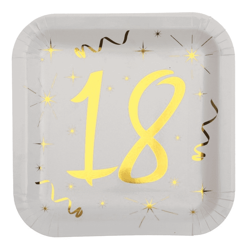 10 ASSIETTES EN CARTON CARREES 18 ANS OR ET BLANC 23 CM