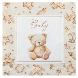 12 SERVIETTES NOUNOURSE BABY TEDDY BEAR NUDE, BLANC ET OR 33 X 33 CM 